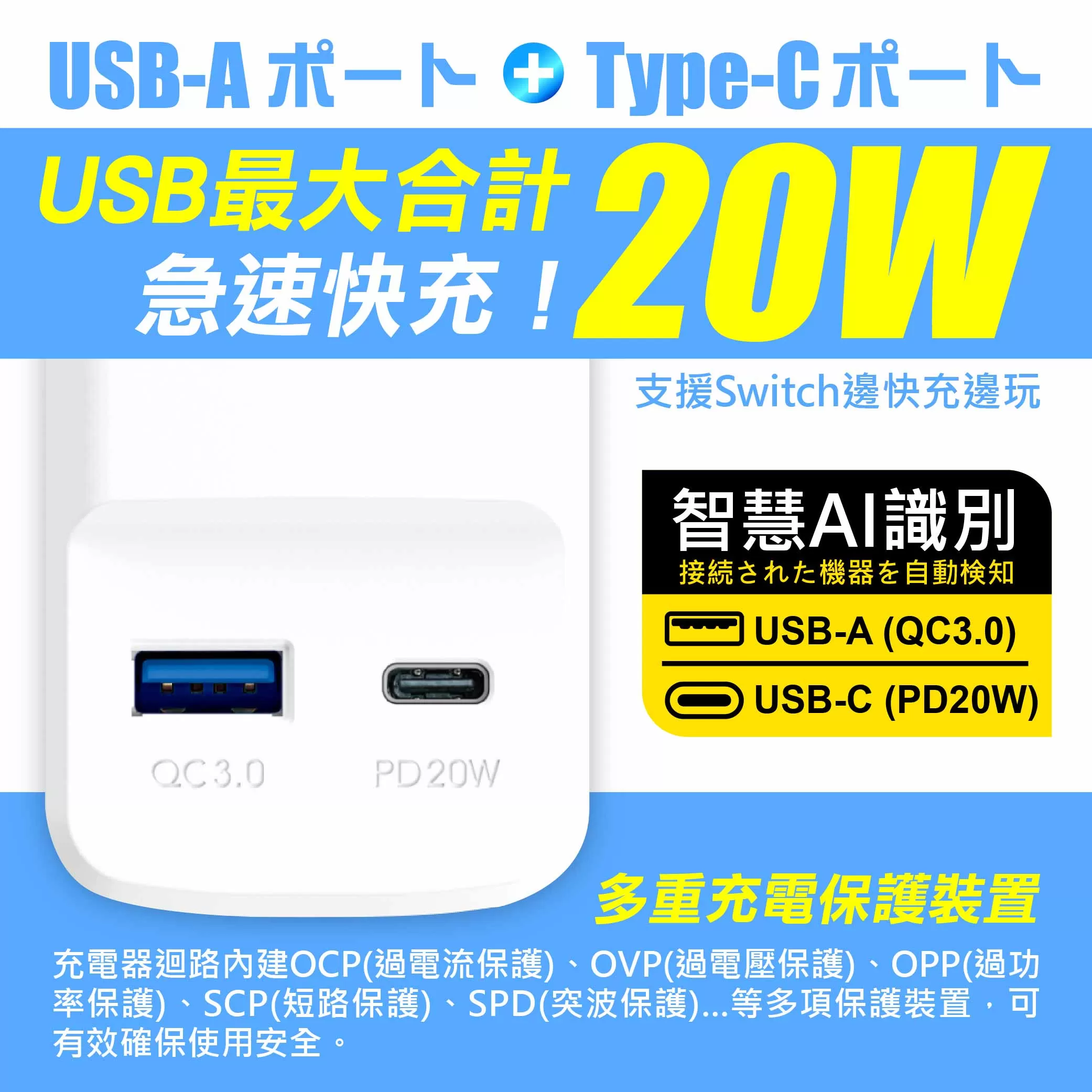 智慧充電一開三插延長線【20W/6尺】商品介紹-1-2