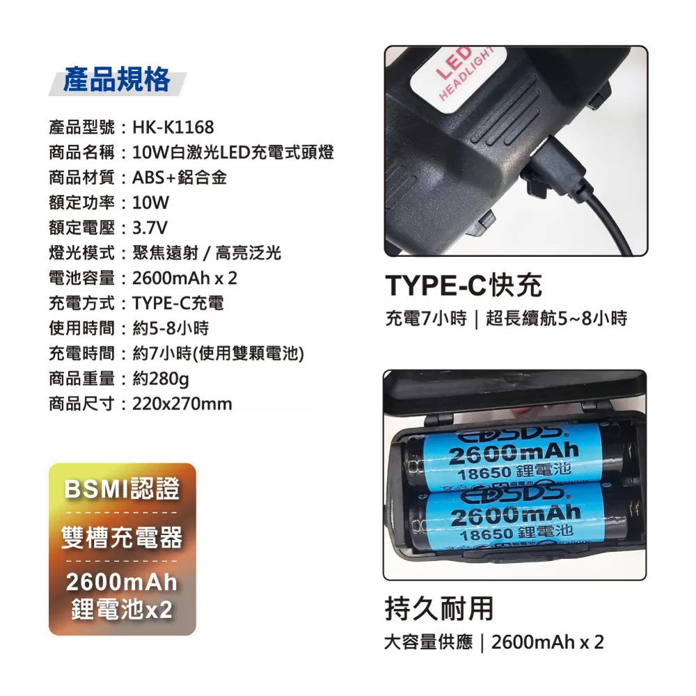 白激光LED充電式頭燈【10W】商品介紹-1-4