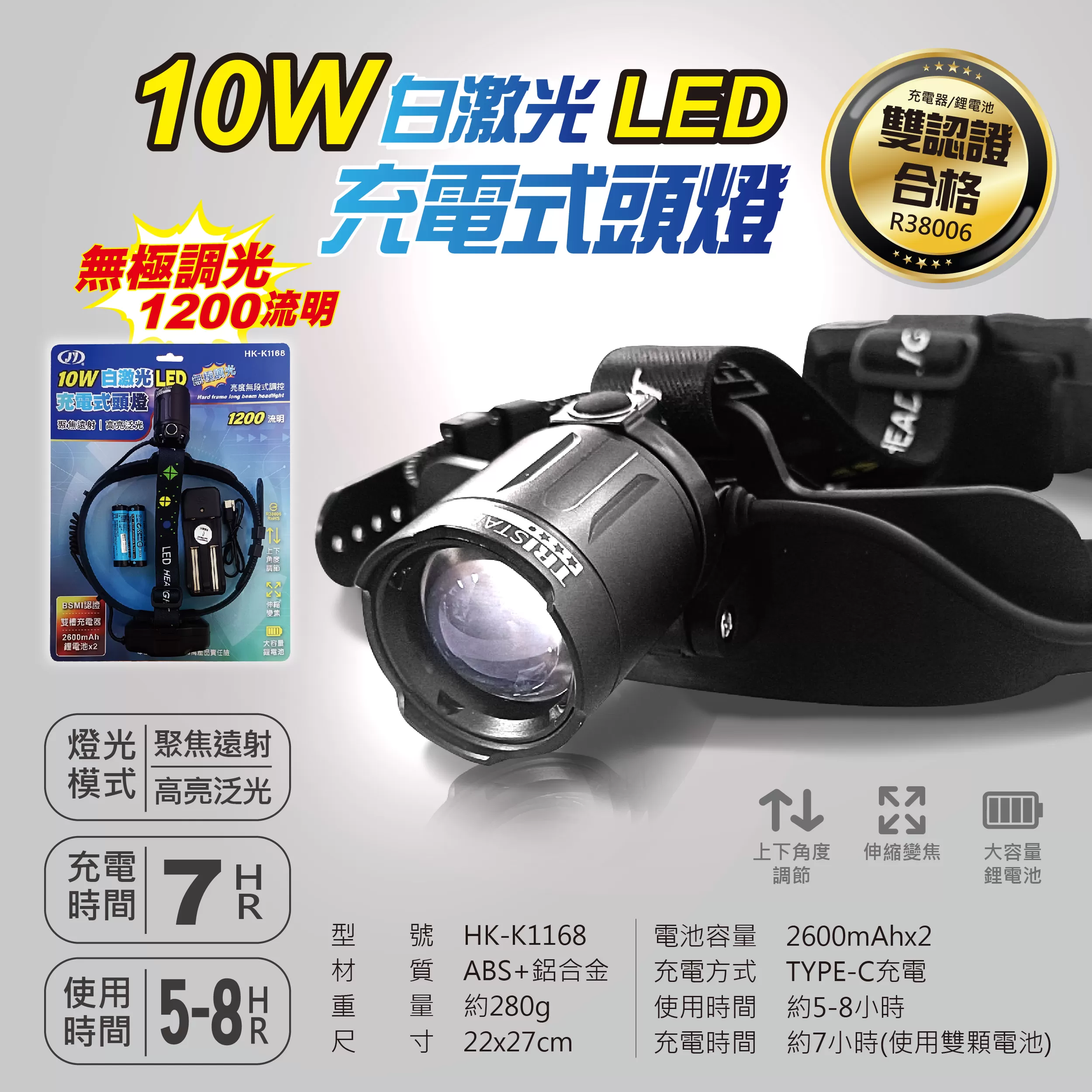 白激光LED充電式頭燈【10W】商品介紹-1-1