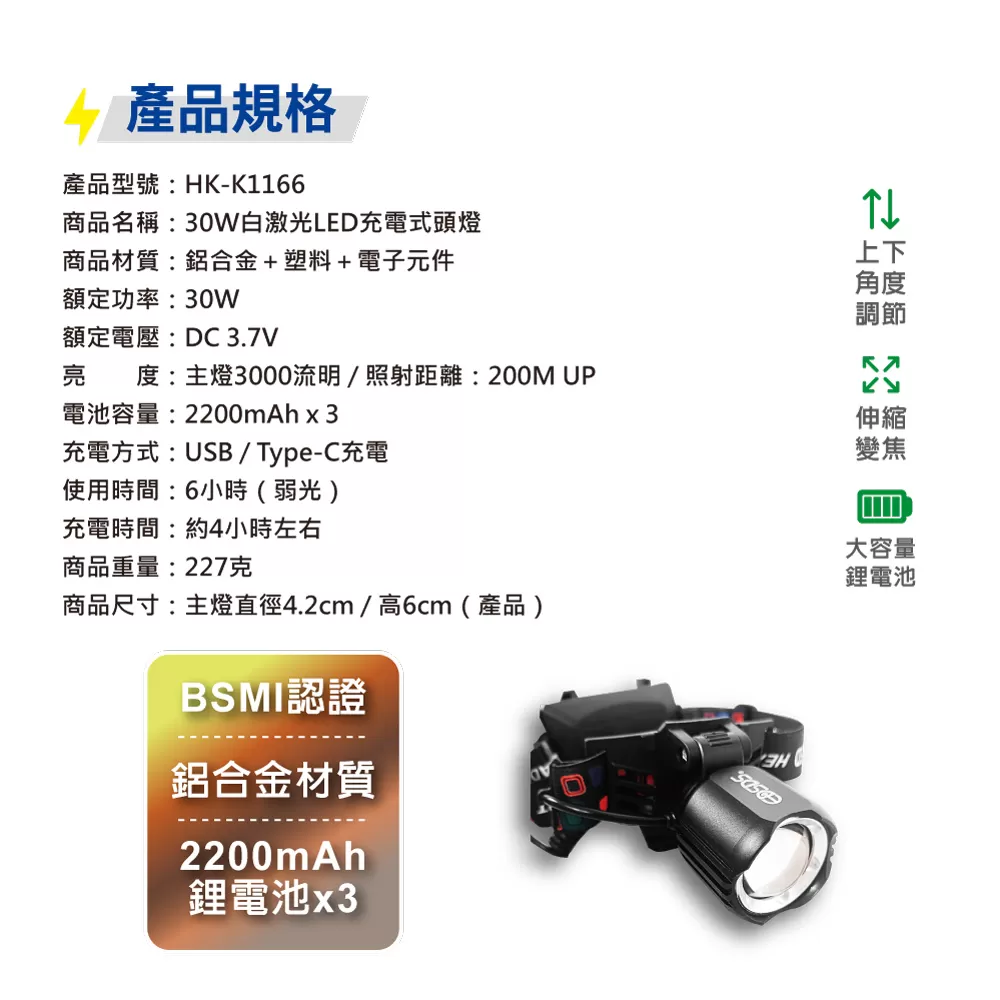 LED充電式頭燈【30W白激光】商品介紹-1-5