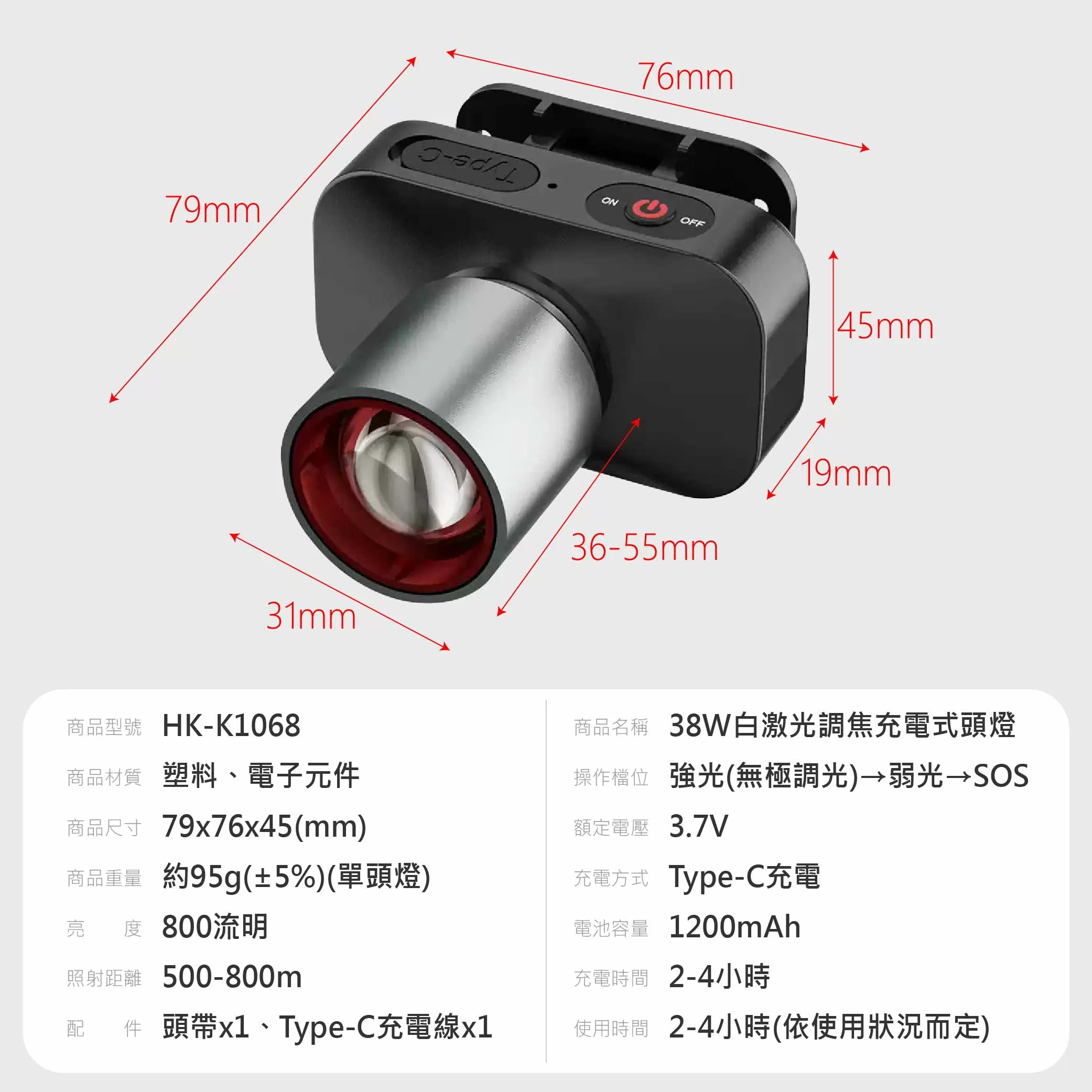 白激光調焦充電式頭燈【38W】商品介紹-1-8