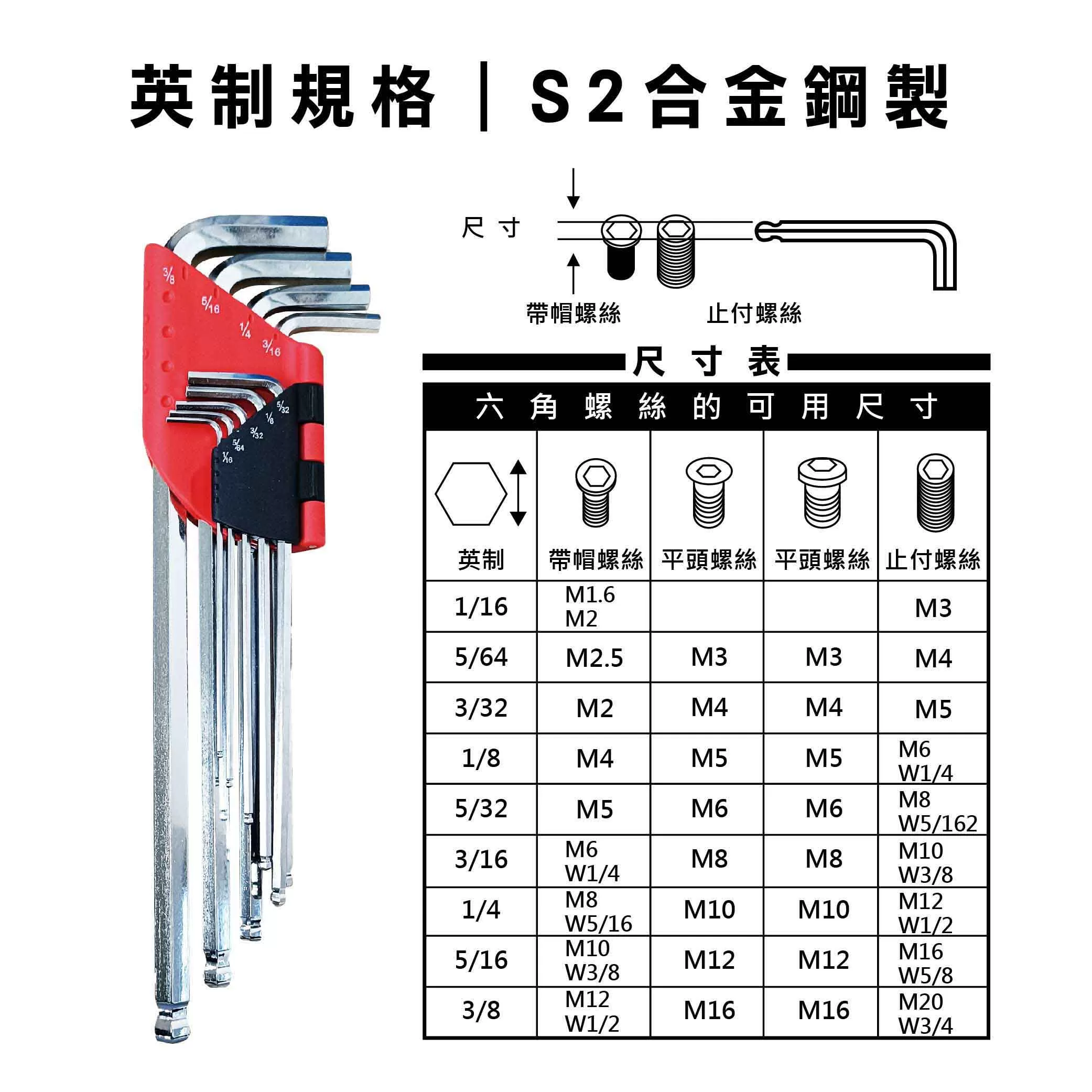 球型S2鏡面六角板手【9支組/IN】商品介紹-1-3