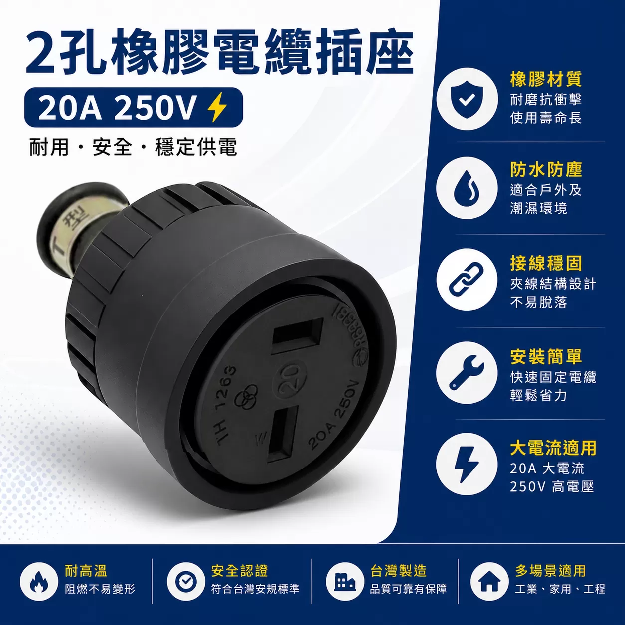 2孔T型橡膠電纜母插【20A】商品介紹-1