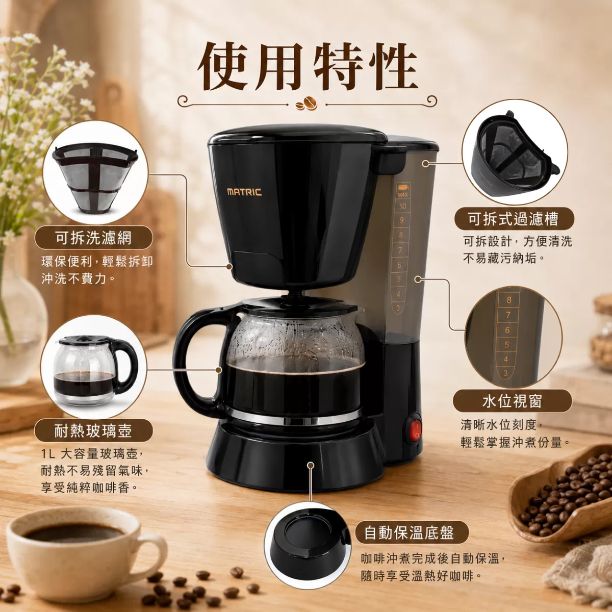 松木美式滴漏咖啡機-耀黑【10人】商品介紹-1-5