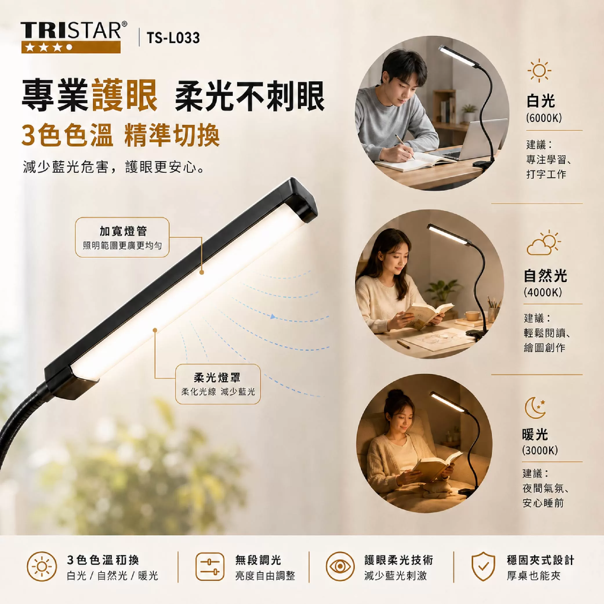 15W 360&deg;三色光源護眼夾燈商品介紹-1-2